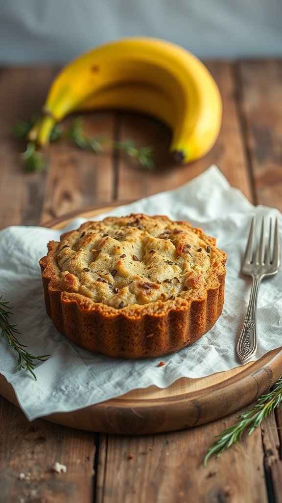A loaf of savory herb banana bread with fresh herbs and bananas in the background.