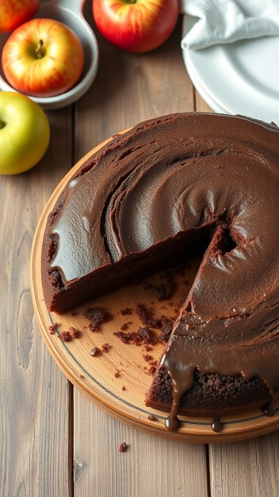 A moist chocolate cake topped with chocolate frosting, surrounded by fresh apples.