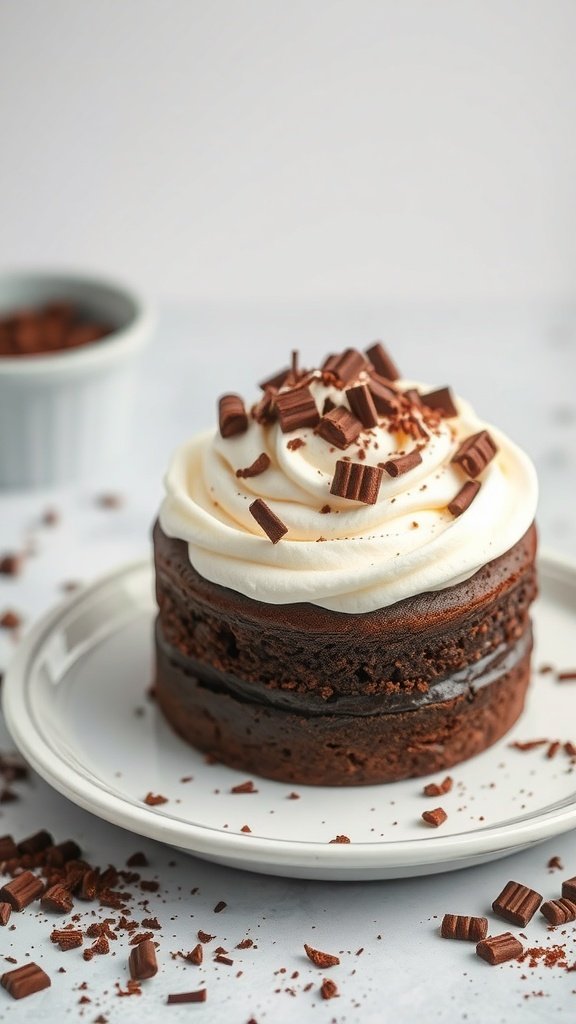 A delicious chocolate cake topped with whipped cream and chocolate shavings.