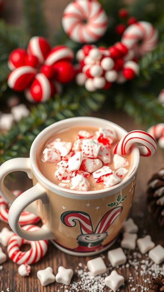 A festive mug of peppermint hot chocolate topped with whipped cream and crushed candy canes, surrounded by holiday decorations.