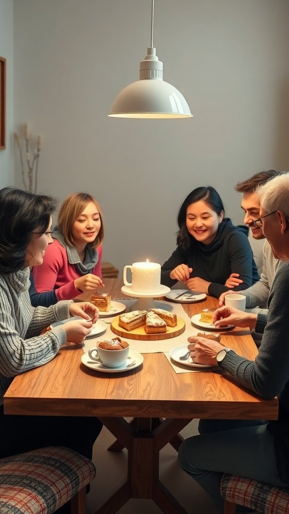 A group of friends enjoying coffee cake at a cozy table.
