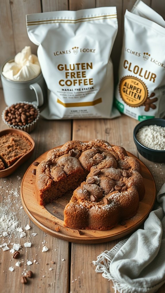 A gluten-free coffee cake on a wooden platter with coffee beans and flour bags in the background.