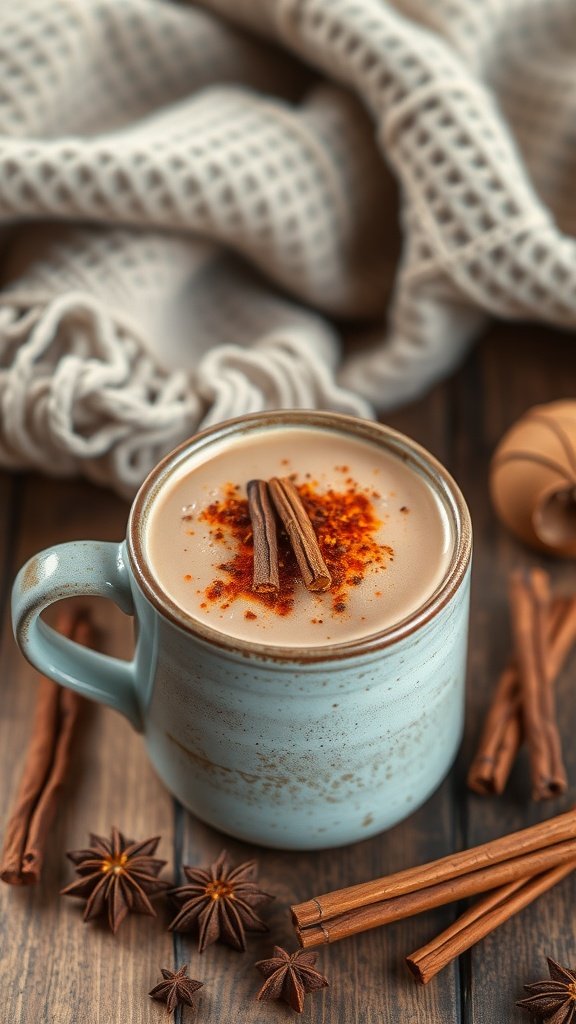 A cozy cup of Spicy Chai Cayenne Mocha with cinnamon sticks and spices