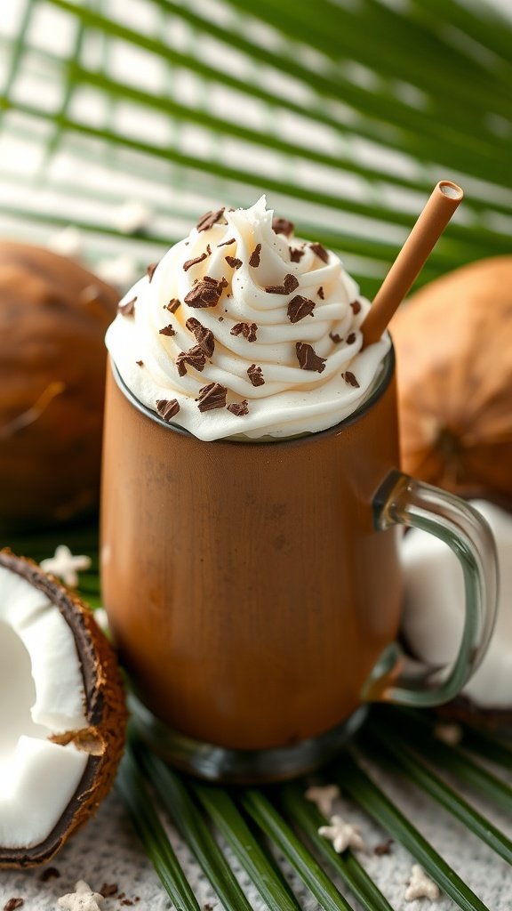 A delicious Chocolate Coconut Spicy Cayenne Mocha topped with whipped cream and chocolate shavings, surrounded by coconuts and palm leaves.