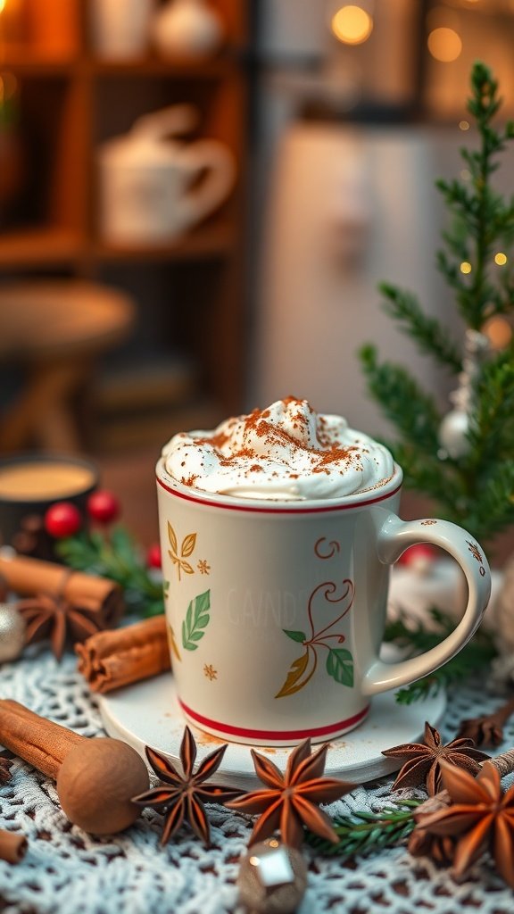 A creamy eggnog latte topped with whipped cream and nutmeg, surrounded by festive decorations.