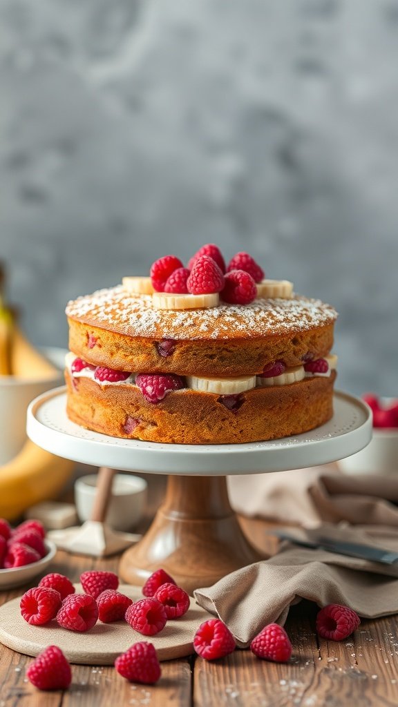 A beautifully layered raspberry banana cake topped with fresh raspberries and banana slices.