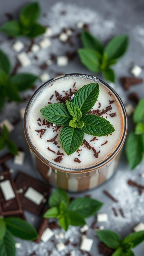 A close-up of a peppermint mocha topped with mint leaves and chocolate shavings.