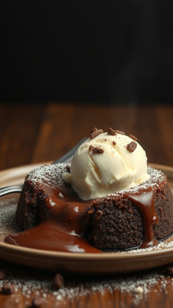 A delicious chocolate lava cake topped with vanilla ice cream and chocolate sauce.