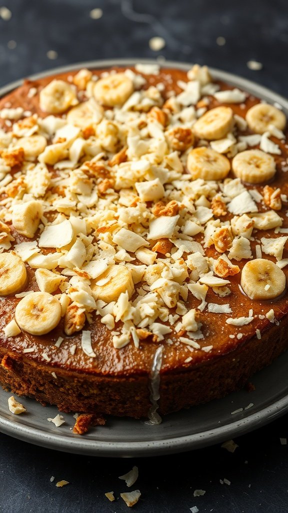 Banana Bread Coffee Cake topped with banana slices and coconut flakes