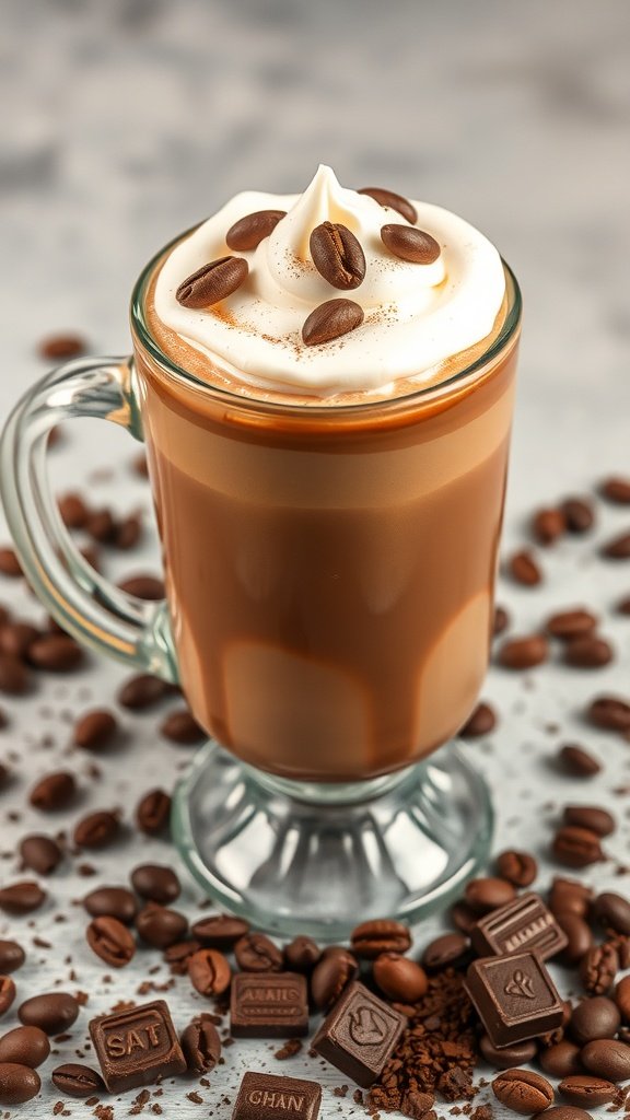 A glass of mocha hot chocolate topped with whipped cream and coffee beans, surrounded by coffee beans and chocolate pieces.