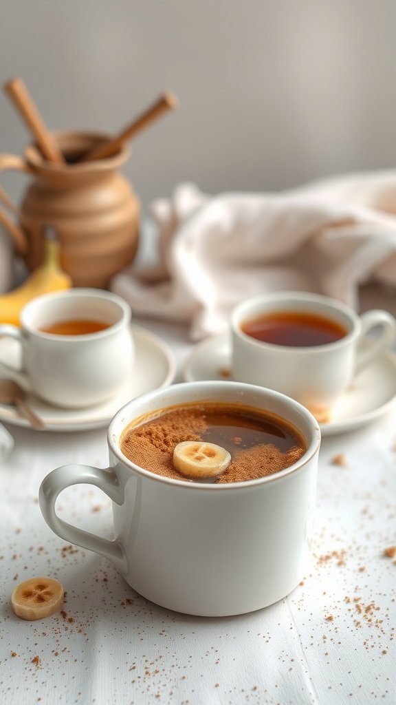 A cozy setup with coffee cups and banana slices, showcasing a warm atmosphere.