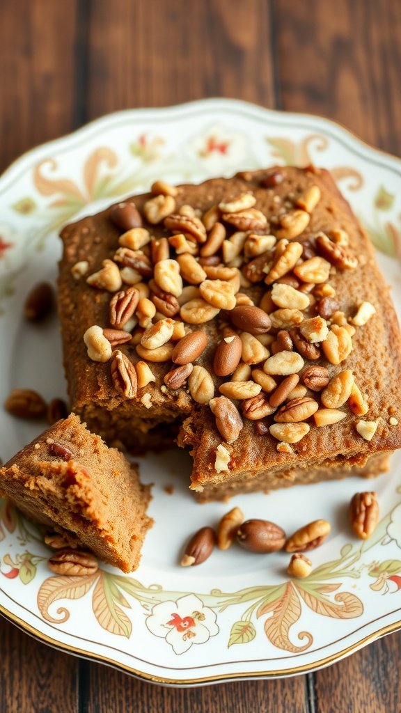 Banana bread coffee cake with a nutty topping on a decorative plate.