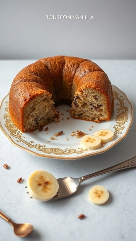 A delicious banana bread coffee cake with bourbon vanilla flavor, served with banana slices.