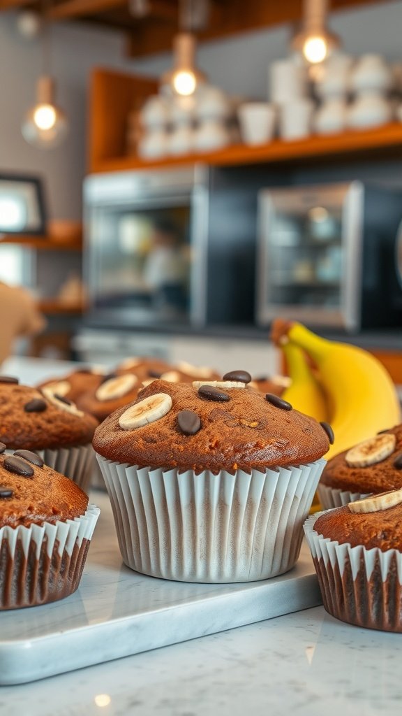 Banana bread coffee cake muffins with chocolate chips and banana slices on top.