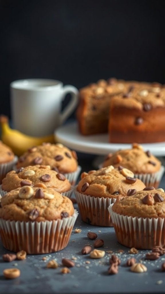 Banana bread muffins with coffee and a banana on the side