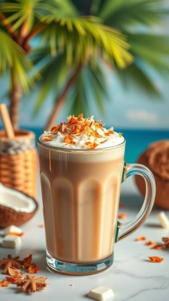 A creamy mocha latte topped with whipped cream and coconut flakes, set against a tropical background with palm trees.
