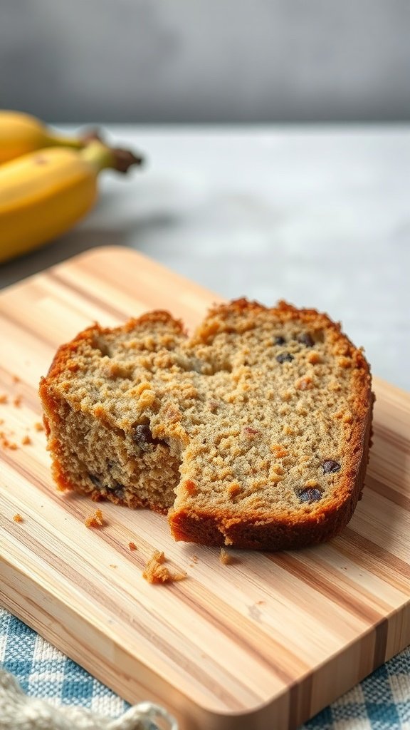 Sourdough banana bread cake on a wooden cutting board with bananas in the background.