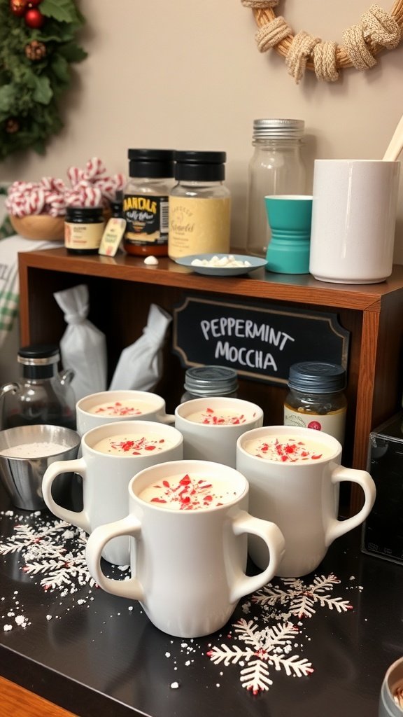 A cozy peppermint mocha bar with coffee cups, syrups, and festive decorations.
