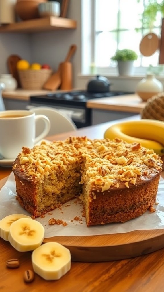 A delicious banana bread coffee cake with crumble topping, served with a cup of coffee.