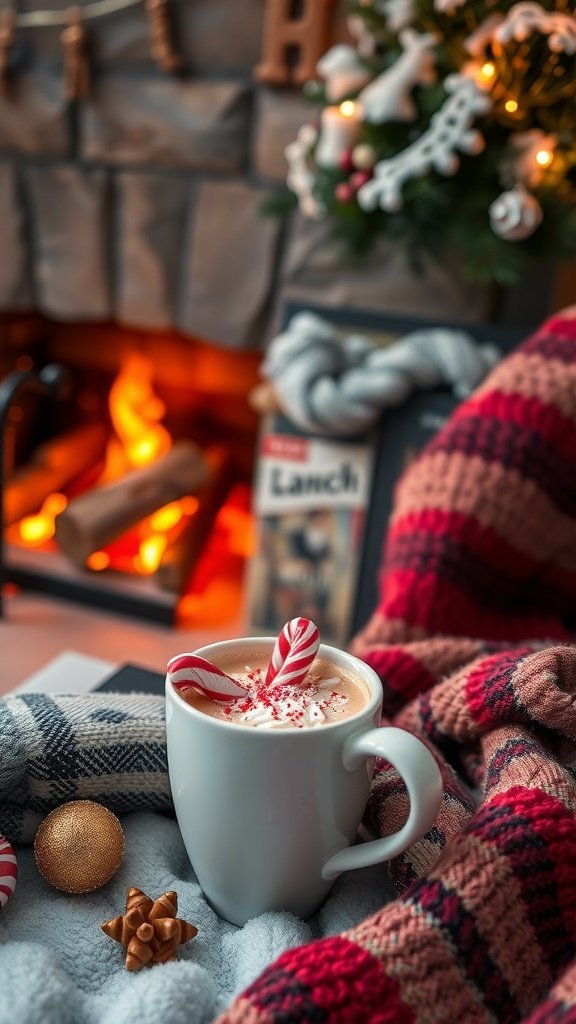 A cozy scene featuring a peppermint mocha with candy canes, a warm blanket, and a glowing fireplace.