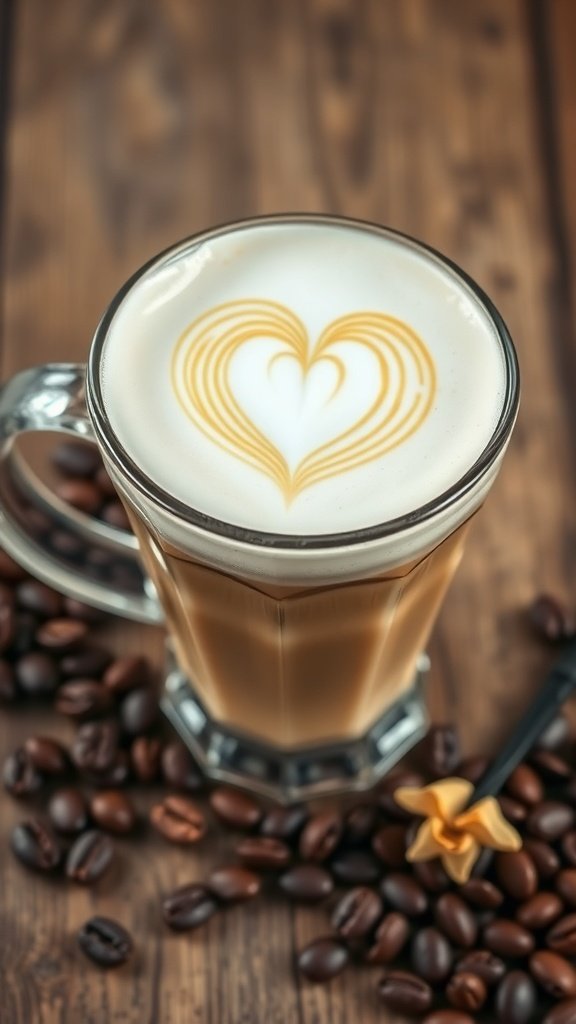 A beautifully crafted vanilla latte with heart-shaped latte art, surrounded by coffee beans.