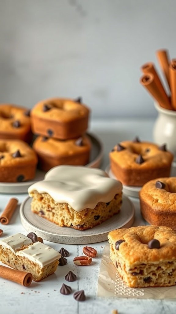 Delicious cinnamon coffee cakes with chocolate chips and cinnamon sticks