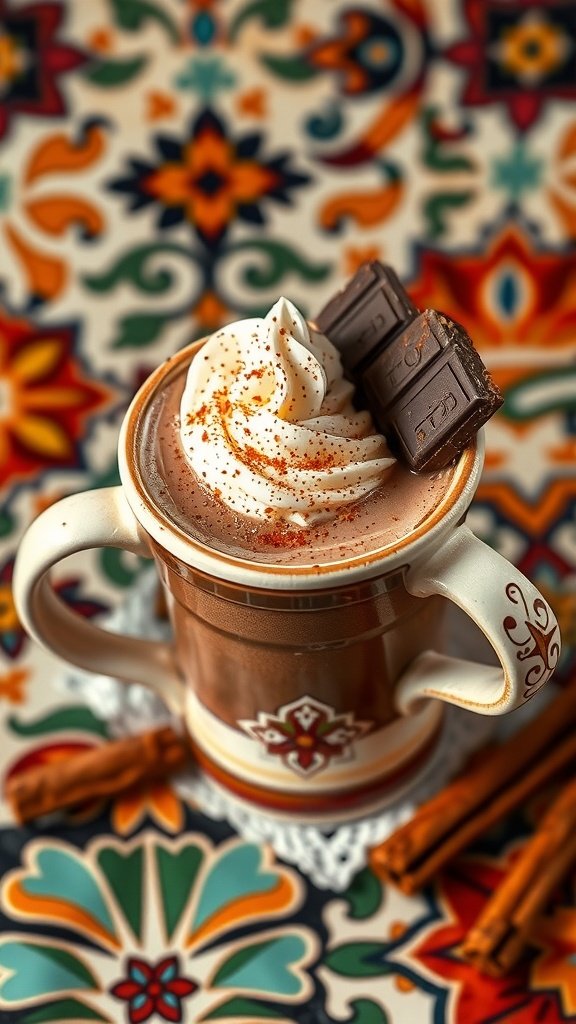 A delicious spicy cayenne mocha topped with whipped cream and chocolate, set against a colorful background.