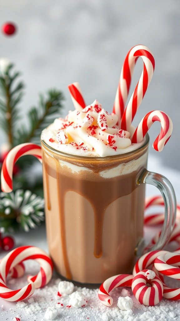 A festive Peppermint Mocha Latte topped with whipped cream and candy canes