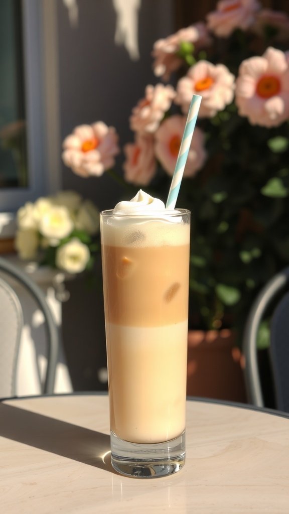 A refreshing iced vanilla latte in a tall glass with whipped cream and a striped straw, surrounded by flowers.