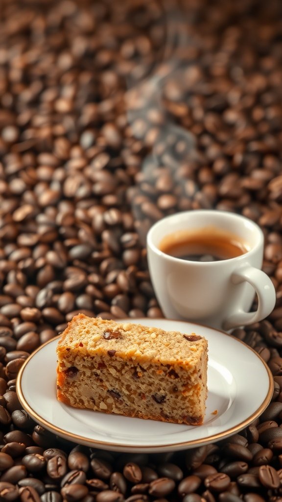 A slice of sour cream coffee cake on a plate next to a steaming cup of coffee, surrounded by coffee beans.