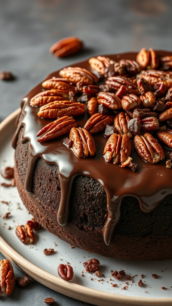 Chocolate cake topped with pecans and chocolate drizzle.