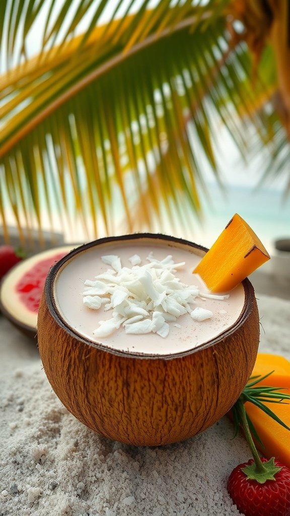 A coconut bowl filled with chocolate drink, topped with coconut flakes and a slice of mango.
