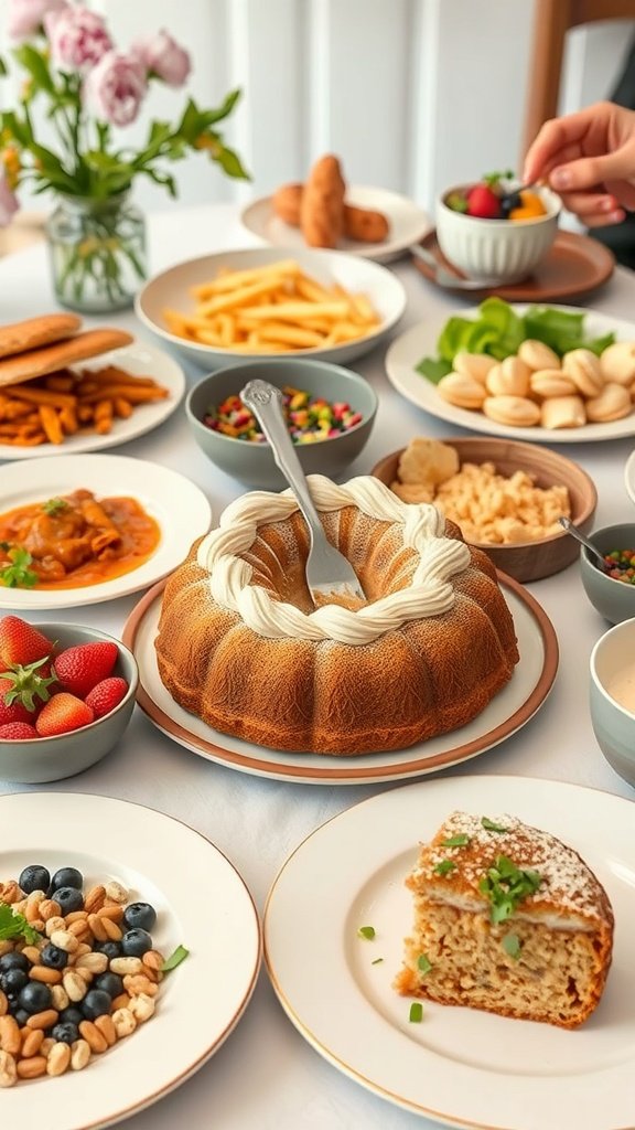 A beautifully arranged table featuring a sour cream coffee cake, fresh fruits, and various snacks.