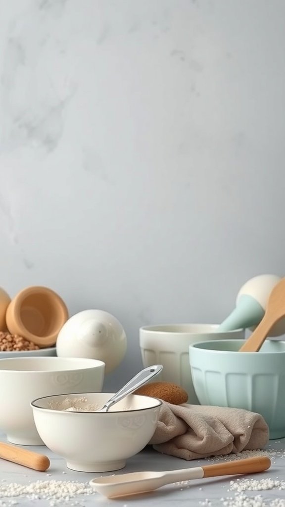 A collection of baking tools including mixing bowls, measuring cups, and spatulas on a kitchen countertop.