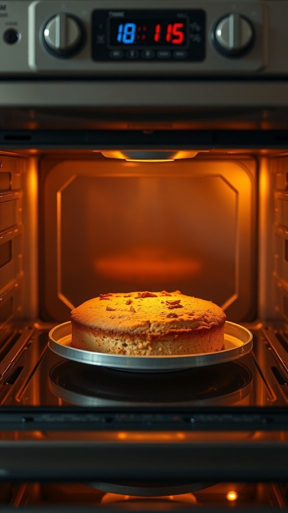 A sour cream coffee cake baking in an oven, showing a golden top.
