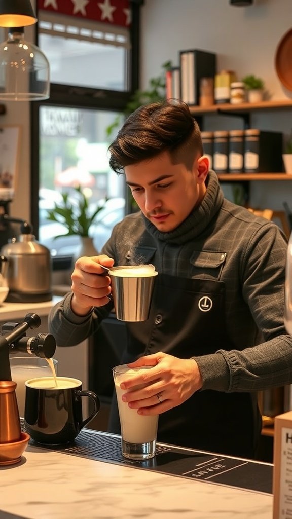 A barista preparing frothy milk for a coffee drink in a cozy cafe.