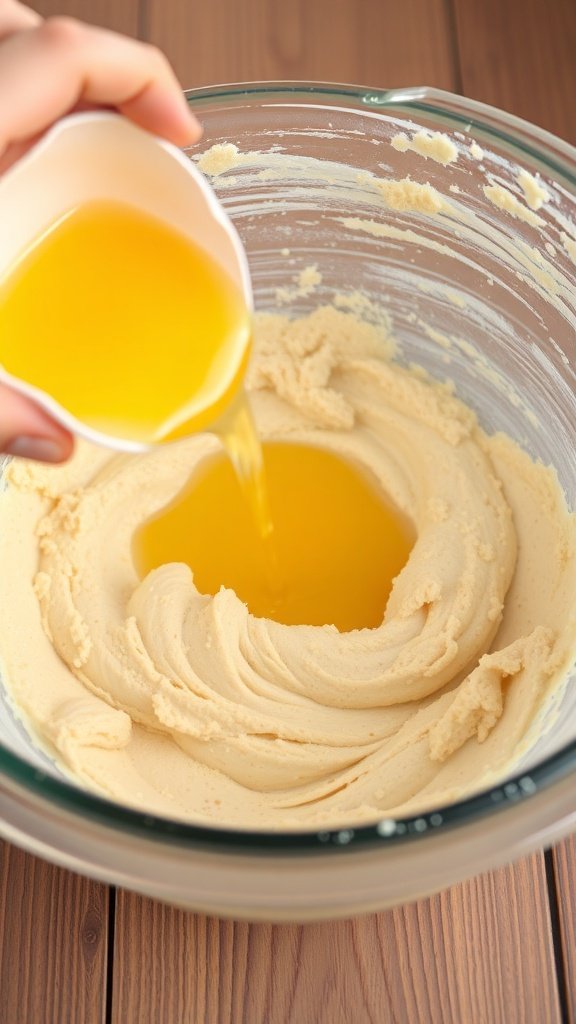 A hand pouring liquid into a mixing bowl with cake batter.