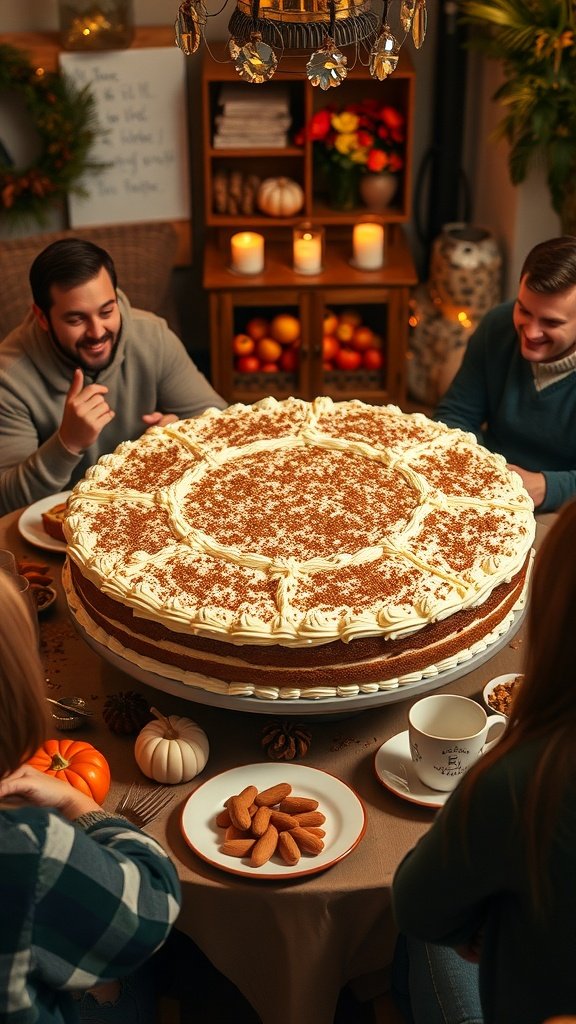 A group enjoying a large cinnamon coffee cake at a cozy gathering.