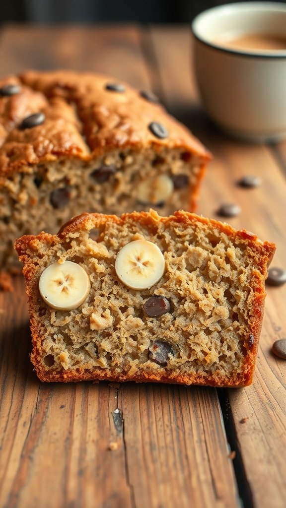 A slice of moist banana bread coffee cake with banana slices, a cup of coffee, and a banana in the background.