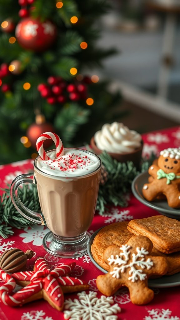 A cozy setup featuring a glass of peppermint mocha, gingerbread cookies, and festive decorations.
