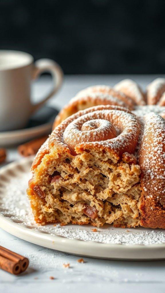 A slice of cinnamon swirl banana bread coffee cake on a plate with a cup of coffee in the background.