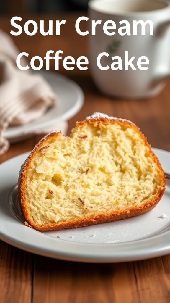 A slice of sour cream coffee cake on a plate, showcasing its moist texture.
