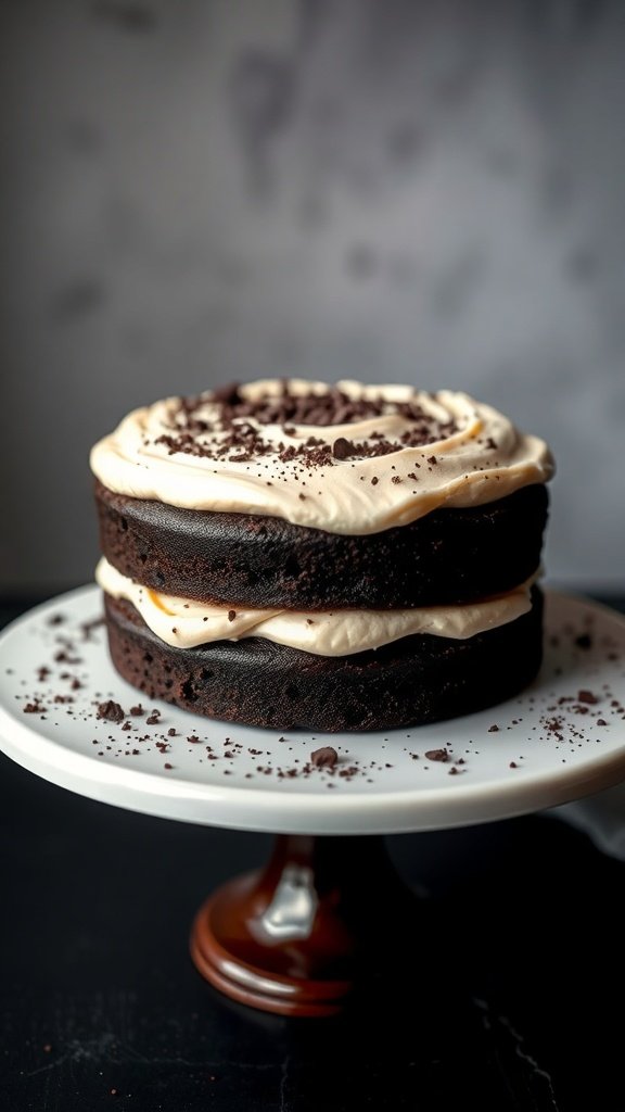 A rich dark chocolate cake with vanilla frosting, elegantly displayed on a cake stand.
