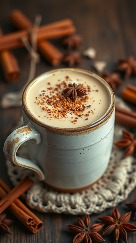 A cozy chai vanilla latte topped with spices and surrounded by cinnamon sticks and star anise.