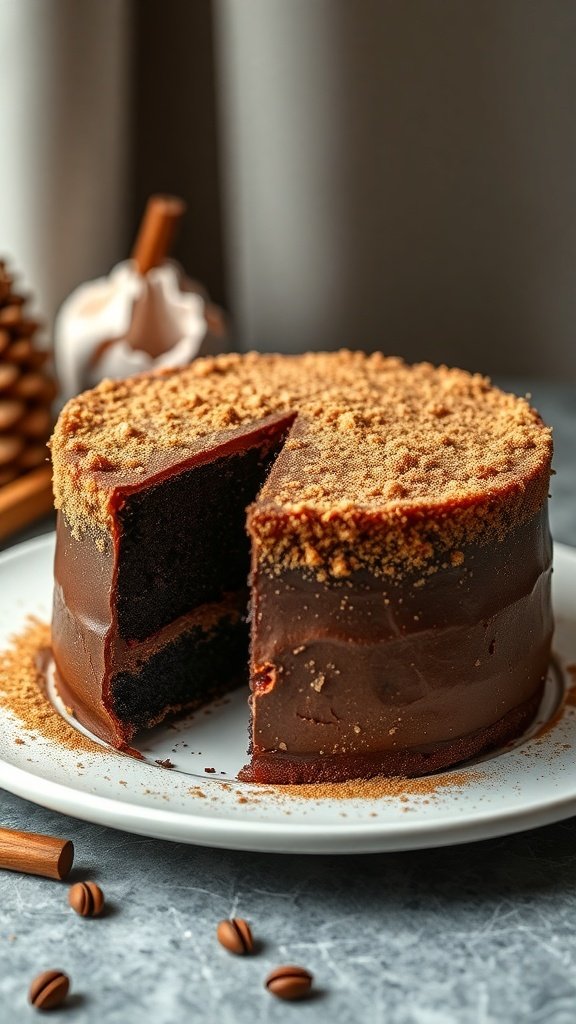 Chocolate cake with a cinnamon sugar crust and a slice cut out
