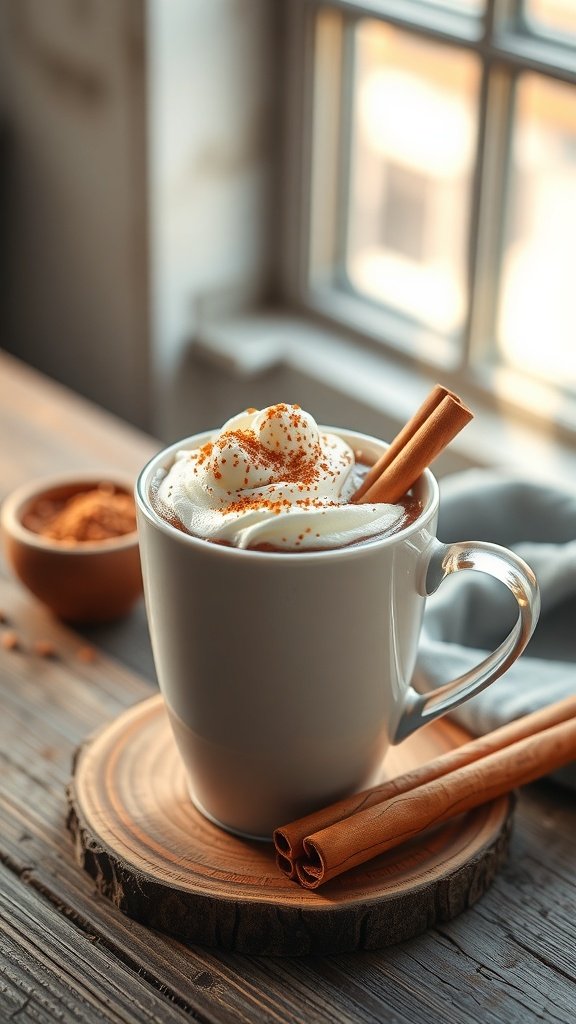 A cup of spicy cayenne mocha topped with whipped cream and garnished with cinnamon sticks, sitting on a wooden table.