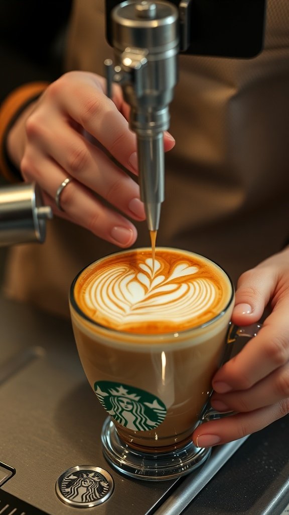 A barista pouring latte art into a peppermint mocha.