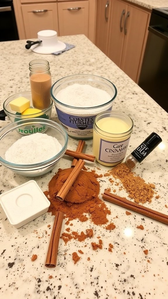 Ingredients for easy one-bowl cinnamon coffee cake on a kitchen counter.