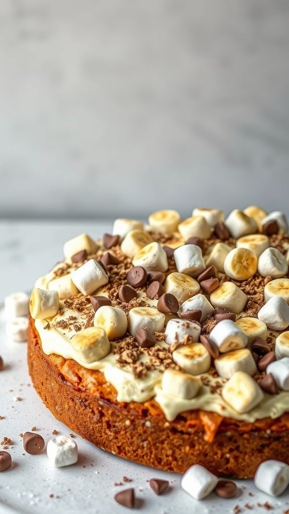 A delicious S'mores inspired banana cake topped with marshmallows and chocolate chips.