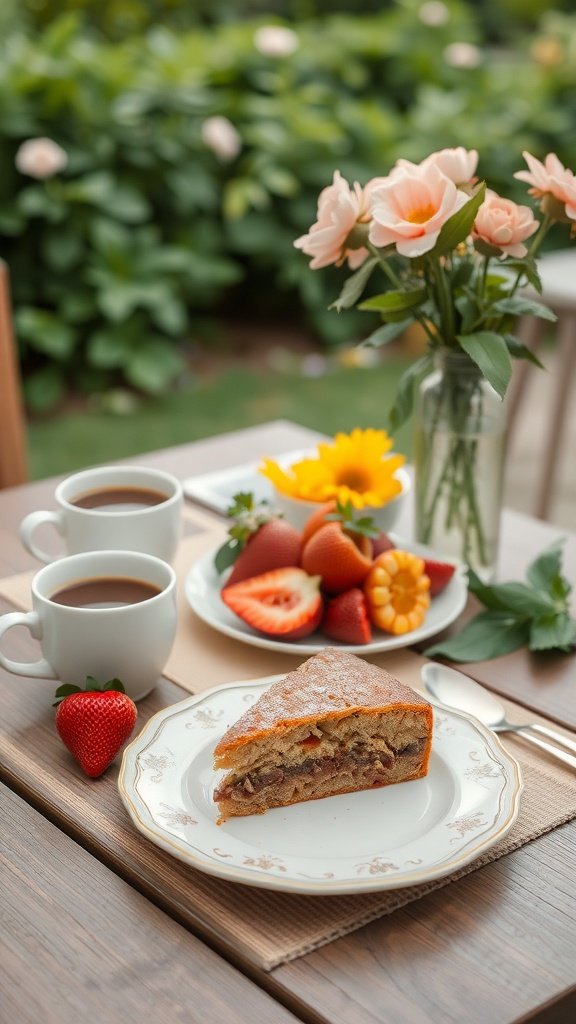 A slice of cinnamon coffee cake served with coffee and fresh fruit on a brunch table.